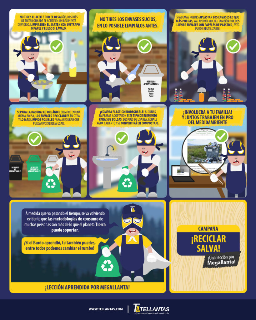 Comic No. 8 - ¡Reciclar Salva! / A medida que va pasando el tiempo, se va volviendo evidente que las metodologías de consumo de muchas personas son más de lo que el planeta Tierra puede soportar.